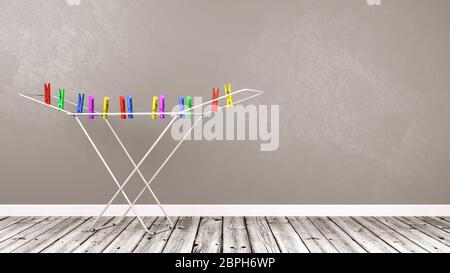 White Clothes Drying Rack with Colorful Clothespins on Wooden Floor Against Gray Wall with Copy Space 3D Illustration Stock Photo