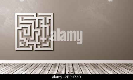 White Maze Shape Against Gray Wall in the Room with Copy Space 3D Illustration Stock Photo