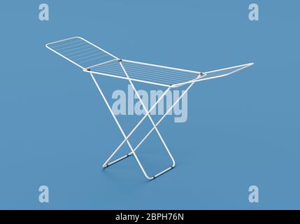 White Clothes Drying Rack on Blue Background 3D Illustration Stock Photo