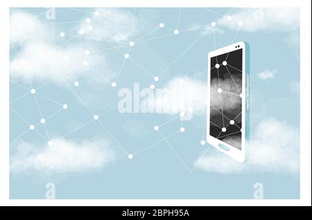 Cloud data storage, concept. Smartphone against the background of clouds and the network. Stock Vector