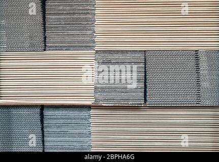 Corrugated cardboard box stack. Close up, background. Stock Photo