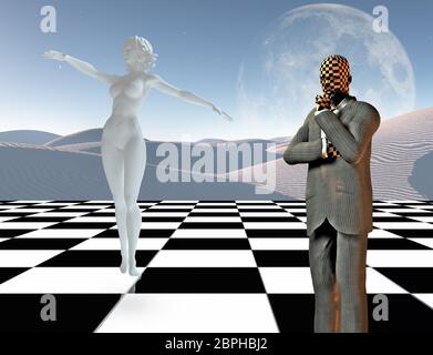 Surreal graceful thoughts. Businessman stands on chessboard. Woman's statue made of white stone. 3D rendering Stock Photo