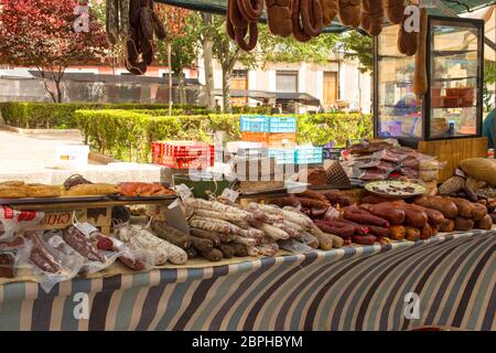 Spanish sausages at a market stall in Spain Stock Photo