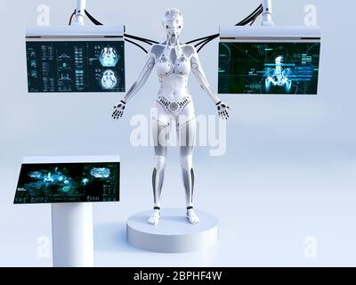 3D rendering of a robot woman standing with closed eyes. She is connected to screens for scanning or charging her artificial intelligence. Futuristic Stock Photo