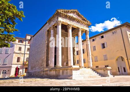 Forum square and historic roman Temple of Augustus in Pula view, Istria region of Croatia Stock Photo