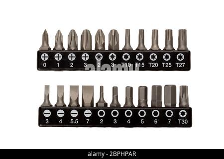 Complete set of interchangeable heads for a screwdriver with both cabinet tips and phillips tips in a range of sizes housed in a small rack isolated Stock Photo Alamy