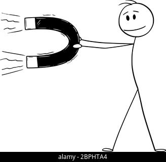 Vector cartoon stick figure drawing conceptual illustration of man or businessman holding big magnet attracting something - money, customers or followers. Stock Vector