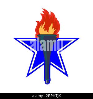 Burning torch icon, logo on a background of a large blue star. Stock Vector