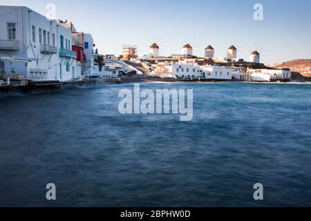 famous view  Traditional windmills on the island Mykonos, Greece Stock Photo