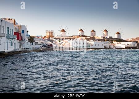 famous view  Traditional windmills on the island Mykonos, Greece Stock Photo