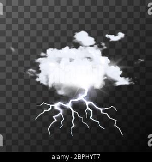 Detailed realistic rainy cloud with bright flash on transparent background Stock Vector