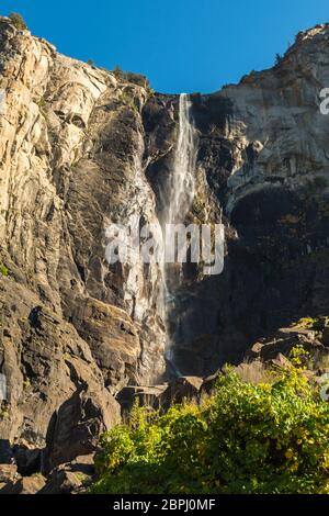 Views of the Bridalveil waterfall seen from below in Yosemite National Park, California, USA Stock Photo