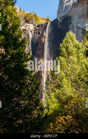 Views of the Bridalveil waterfall seen from below in Yosemite National Park, California, USA Stock Photo