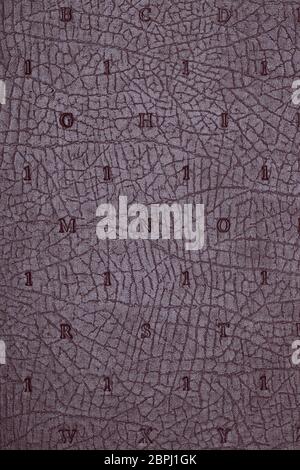 Leather background texture. Purple imitation leather book cover with embossed letters and numbers. High resolution image or macro. Stock Photo