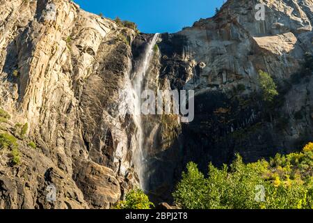Views of the Bridalveil waterfall seen from below in Yosemite National Park, California, USA Stock Photo