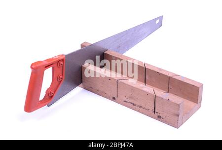 Miter box with a saw, isolated on a white background Stock Photo