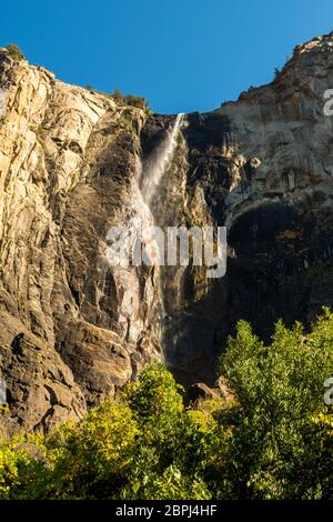 Views of the Bridalveil waterfall seen from below in Yosemite National Park, California, USA Stock Photo