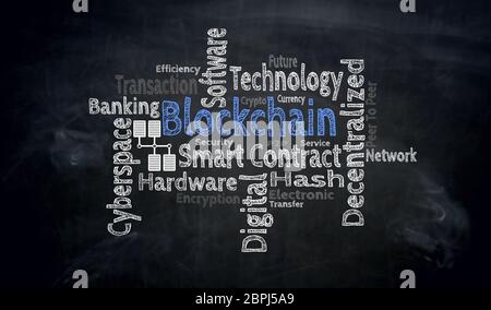 Blockchain wordcloud on blackboard concept. Stock Photo