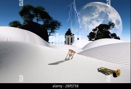 Surreal desert with hourglass, trumpet and green trees on rocks. Big moon on the horizon. Lightning in the sky. Stock Photo