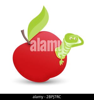 Red apple with green leaves and cartoon worm, isolated on white background. Stock Vector