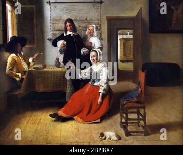 La Buveuse  Young woman drinking with two men 1658  by  Pieter de HOOCH 1629-1684 Dutch The Netherlands Stock Photo