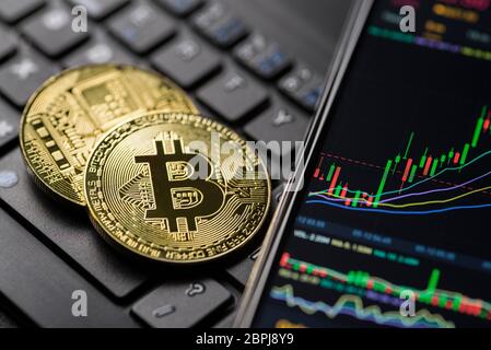 Bitcoin gold cryptocurrency trading chart on smartphone close up. Stock Photo