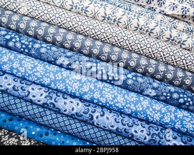 Full-frame view of different patterned fabric balls in blue. Stock Photo