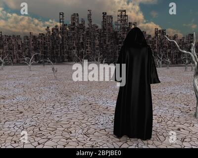 Traveler in black cloak before the destroyed city Stock Photo