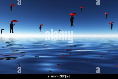 Floating Men with Red Umbrellas Stock Photo