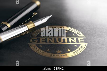 3d illustration of a genuine golden stamp on black paper background. Document authentication concept. Stock Photo