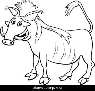 Black and White Cartoon Illustration of Funny Warthog Wild African Animal Character Coloring Book Page Stock Vector