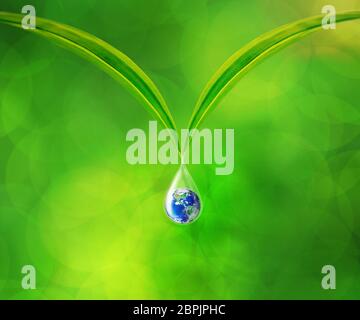 Earth in water drop reflection under green leaf, Together We Can Save Our World Concept, Elements of this image furnished by NASA Stock Photo