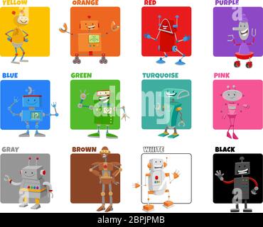 Cartoon Illustration of Basic Colors with Funny Robots Fantasy Characters Educational Set Stock Vector