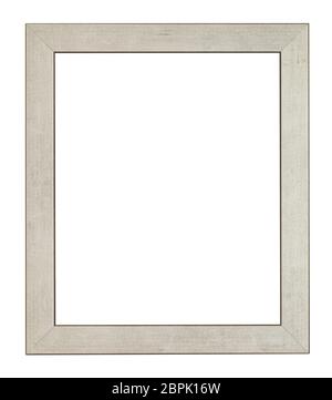 empty flat gray wooden picture frame with cut out canvas isolated on white background Stock Photo