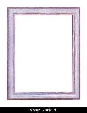 empty purple and silver painted wooden picture frame with cut out canvas isolated on white background Stock Photo