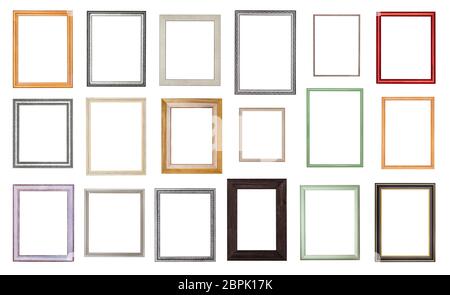 set from various empty wooden picture frames with cut out canvas isolated on white background Stock Photo