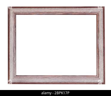 empty brown and silver painted wooden picture frame with cut out canvas isolated on white background Stock Photo