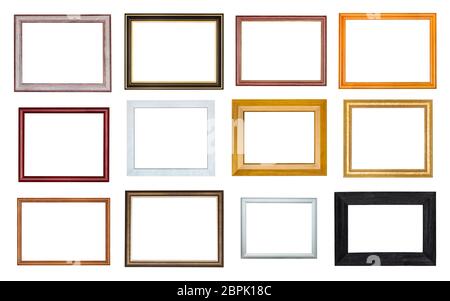 collection of various empty wooden picture frames with cut out canvas isolated on white background Stock Photo