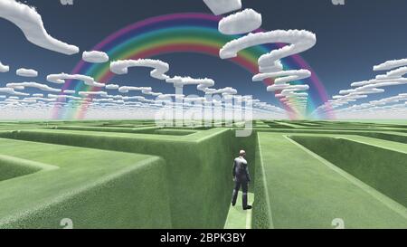 Man in maze with question mark shaped clouds Stock Photo