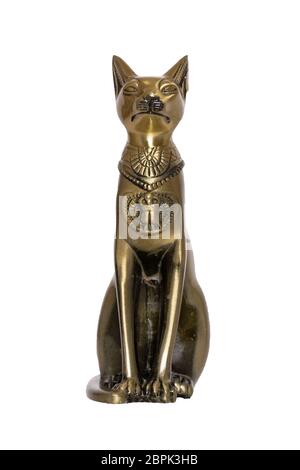 Egyptian cat decoration background. Statuette of a mythological egyptian cat isolated on a white background. Stock Photo