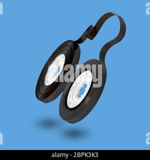 Retro vintage concept. Music cassette tape without case levitating in the air and casting the shadow on blue background with copy space Stock Photo