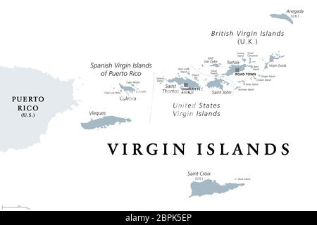 British, Spanish and United States Virgin Islands, gray political map. Archipelago in the Caribbean Sea. Stock Photo