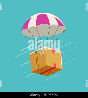Delivery service. Parachute with cardboard box vector illustration Stock Vector
