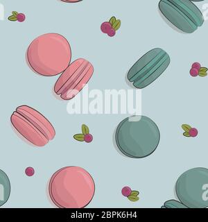 Macarons and cranberries pattern on a white background. Dusty pink and blue color. Stock Vector