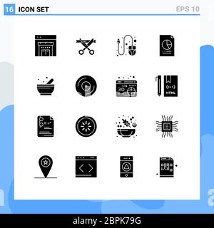 Modern Set of 16 Solid Glyphs and symbols such as science, bowl, mouse, graph, economy Editable Vector Design Elements Stock Vector