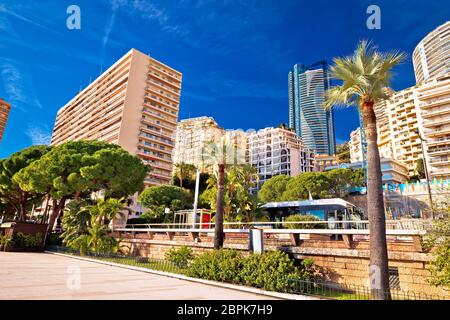 Les Plages Monaco skyline and green waterfront view, Principality of Monaco Stock Photo