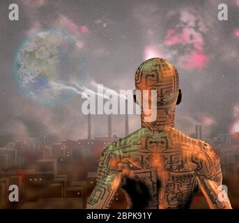 Android before smog filled city with tearraformed moon in sky Stock Photo