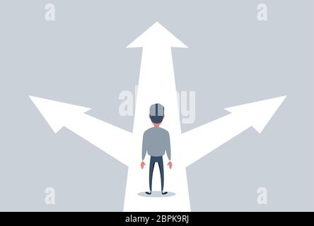 confused businessman standing at a crossroads , businessman standing in front of arrows as symbol for choice, career path or opportunities, business Stock Vector