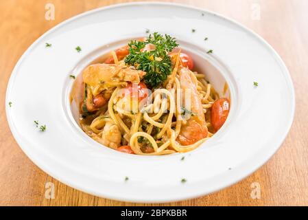 Prawn Pasta with Lobster bisque sauce Stock Photo