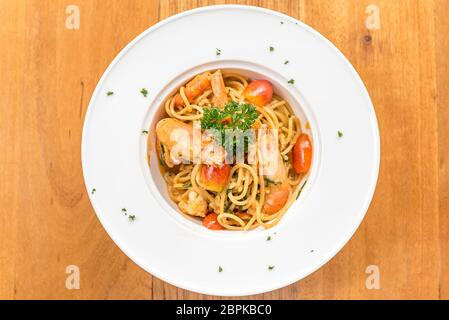 Prawn Pasta with Lobster bisque sauce Stock Photo